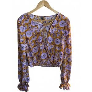 mustard and purple Party Playlist floral wrap tie blouse size Medium